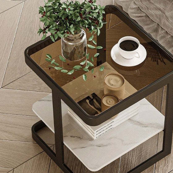 Nordic Iron Glass Coffee Table 2-Tier — White / Brown Glass