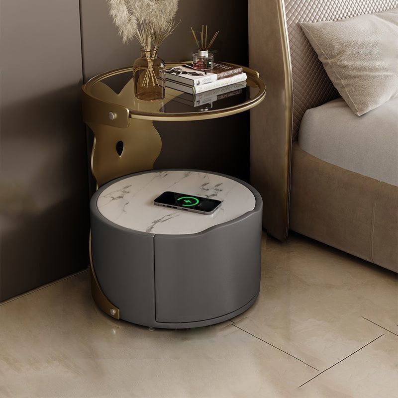 Nordic Round Sintered Stone 1-Drawer Nightstand — With Wireless Charging / Off White / Black