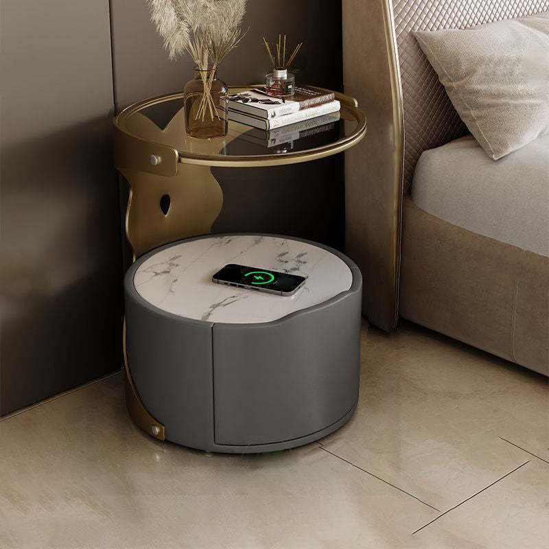 Nordic Round Sintered Stone 1-Drawer Nightstand — With Wireless Charging / Off White / Black