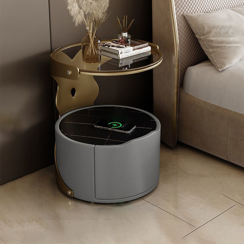 Nordic Round Sintered Stone 1-Drawer Nightstand — With Wireless Charging / Black / Black
