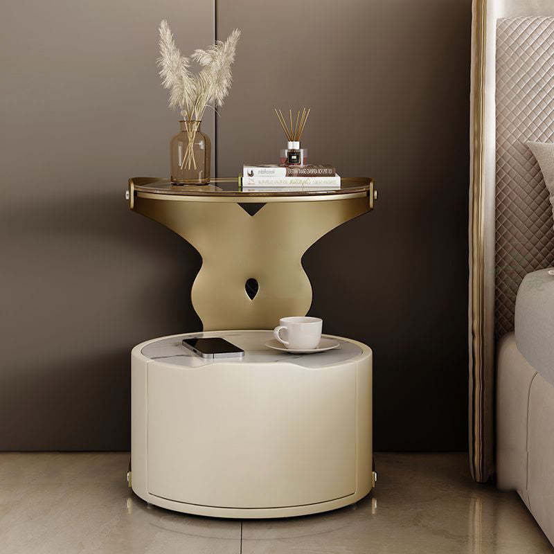Nordic Round Sintered Stone 1-Drawer Nightstand — With Wireless Charging / Light Gray / Off White