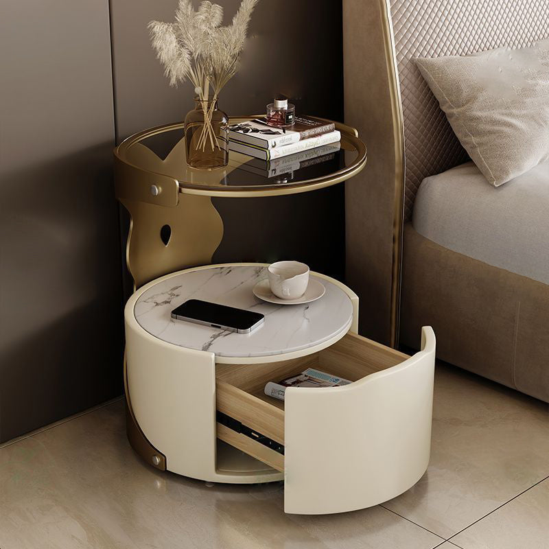 Nordic Round Sintered Stone 1-Drawer Nightstand — With Wireless Charging / Light Gray / Black
