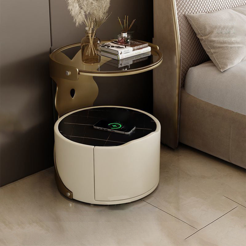 Nordic Round Sintered Stone 1-Drawer Nightstand — With Wireless Charging / Black / Off White