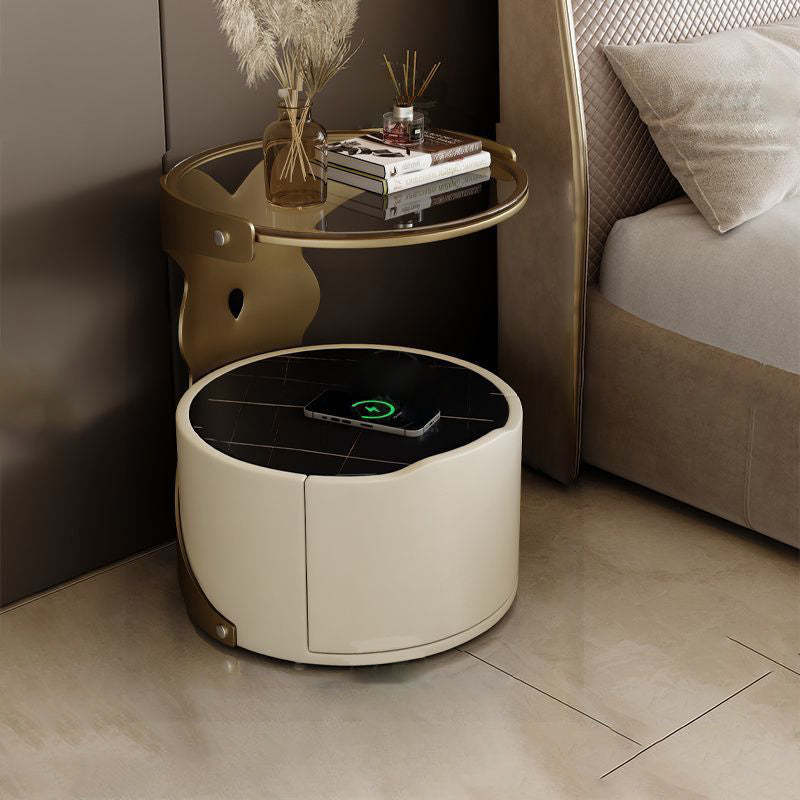 Nordic Round Sintered Stone 1-Drawer Nightstand — With Wireless Charging / Black / Off White