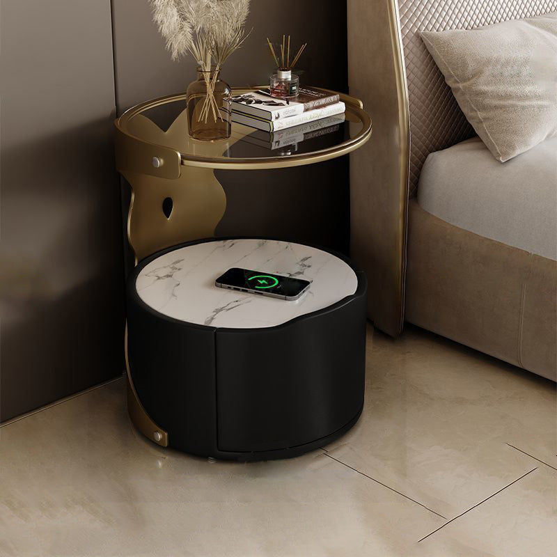 Nordic Round Sintered Stone 1-Drawer Nightstand — With Wireless Charging / Dark Gray / Off White