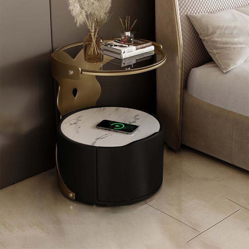 Nordic Round Sintered Stone 1-Drawer Nightstand — With Wireless Charging / Dark Gray / Off White