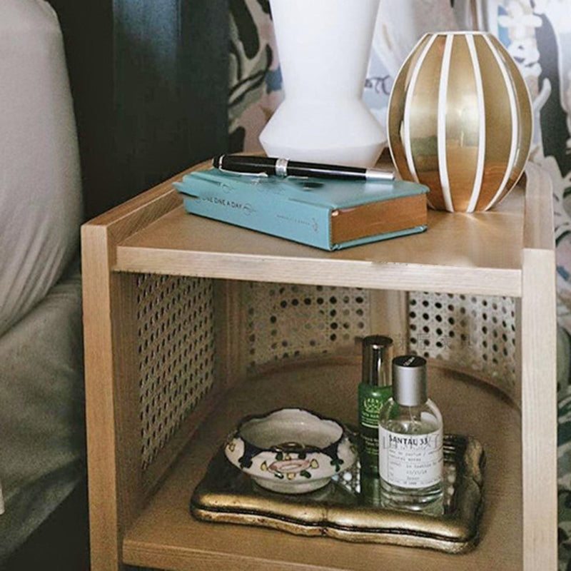 Rustic Wood Rattan 2-Cabinet Nightstand