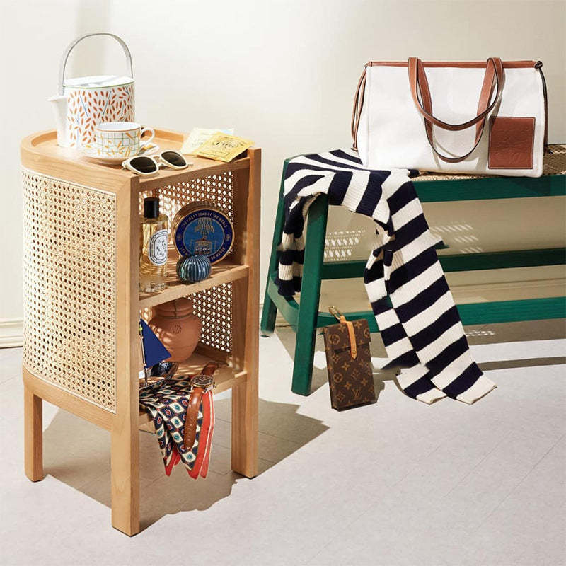 Rustic Wood Rattan 2-Cabinet Nightstand