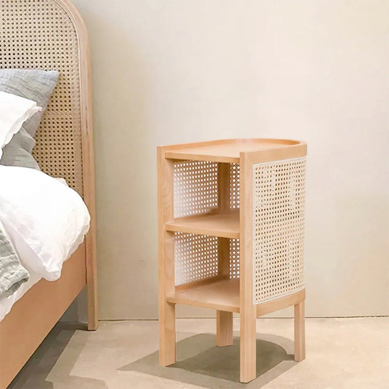 Rustic Wood Rattan 2-Cabinet Nightstand