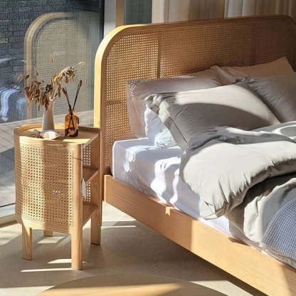 Rustic Wood Rattan 2-Cabinet Nightstand — Wood Color