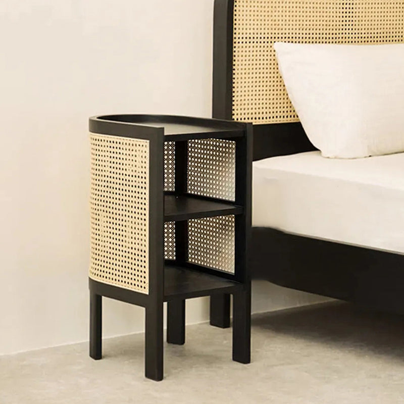Rustic Wood Rattan 2-Cabinet Nightstand — Black