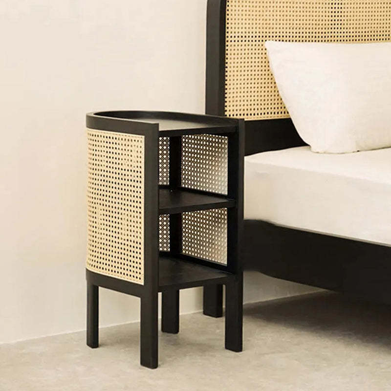 Rustic Wood Rattan 2-Cabinet Nightstand — Black