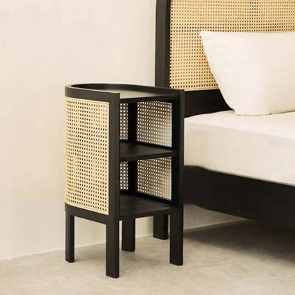 Rustic Wood Rattan 2-Cabinet Nightstand — Black
