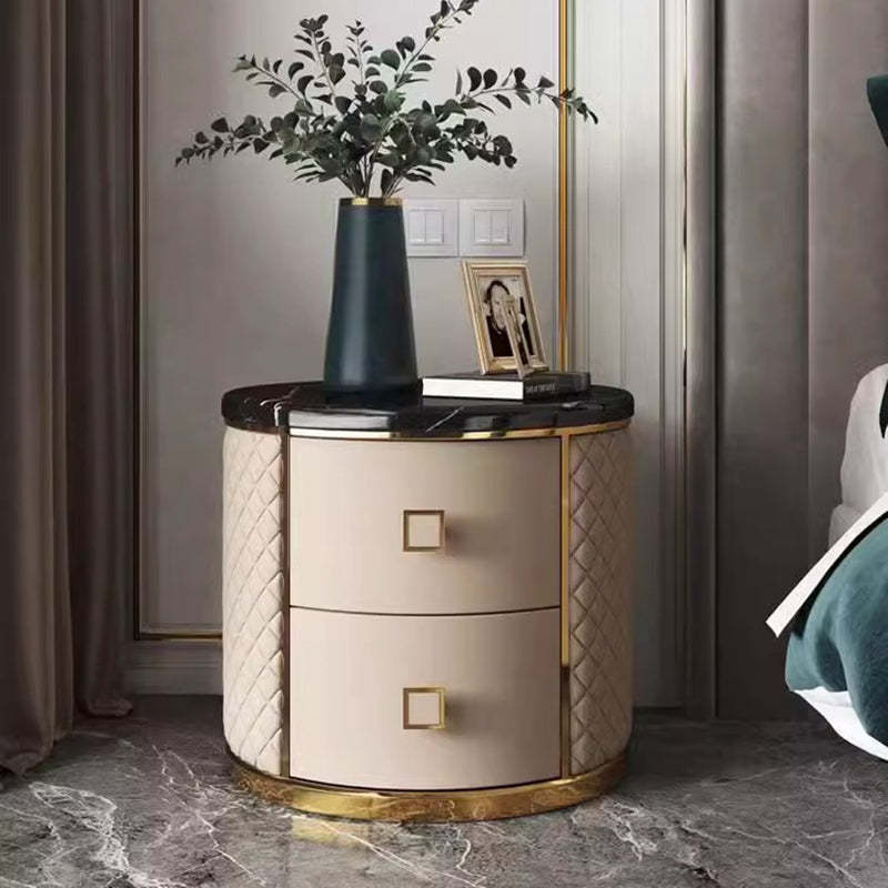 Nordic Round Marble 2-Drawer Nightstand — Champagne