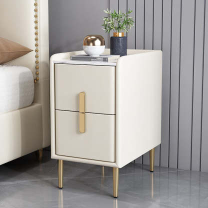 Nordic Pine Leather Sintered Stone Nightstand — Off White