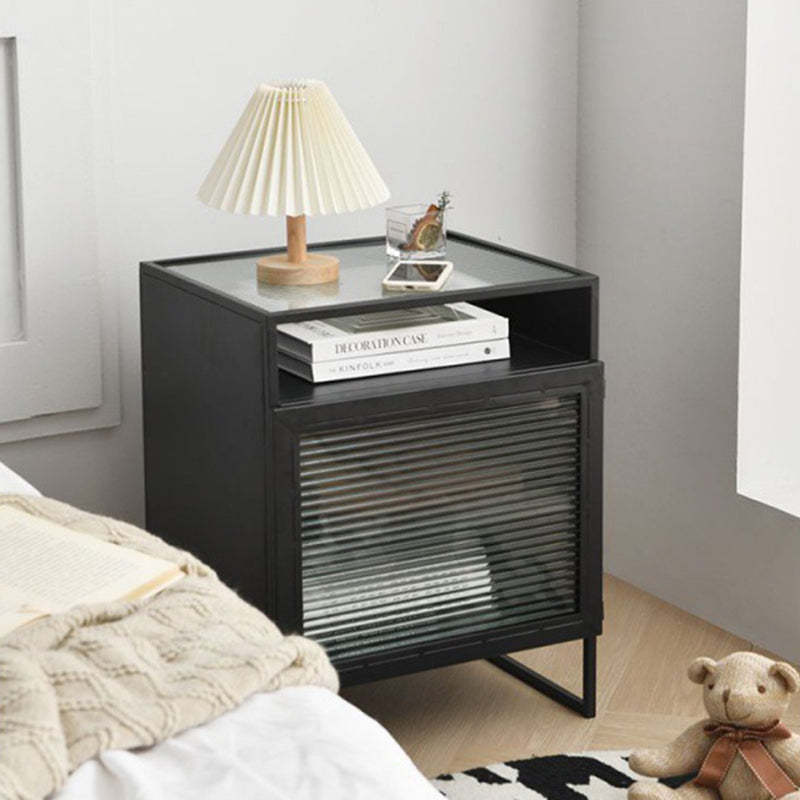 Modern Square Iron Glass 3-Cabinet Nightstand