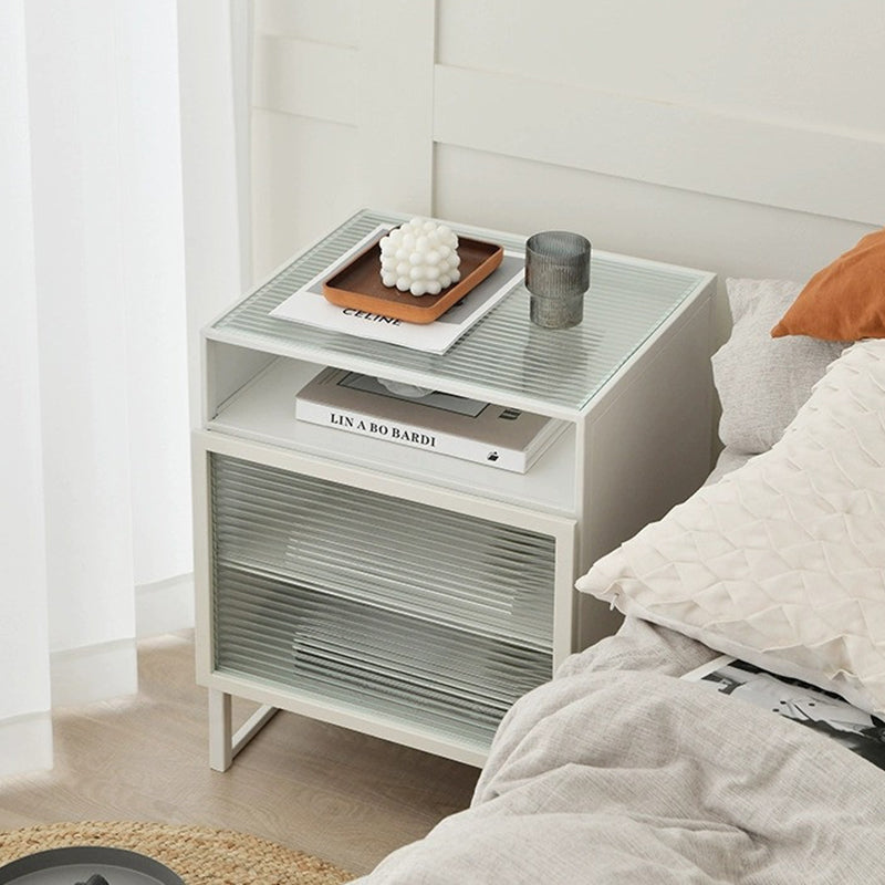 Modern Square Iron Glass 3-Cabinet Nightstand — Left Door / Black