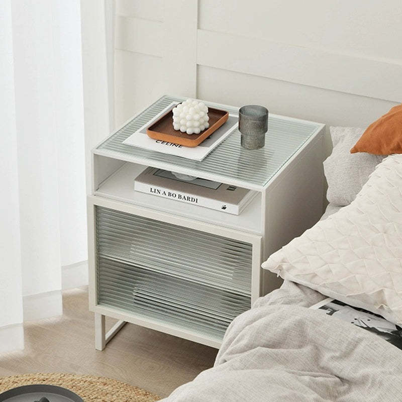 Modern Iron Glass 3-Cabinet Nightstand — Black / Right Door
