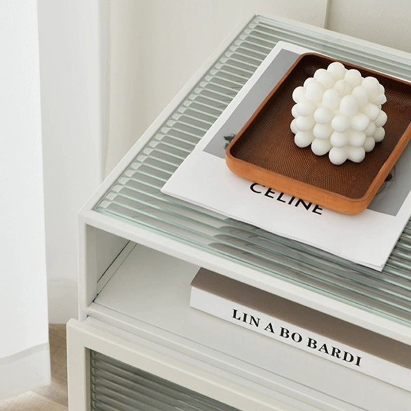 Modern Square Iron Glass 3-Cabinet Nightstand