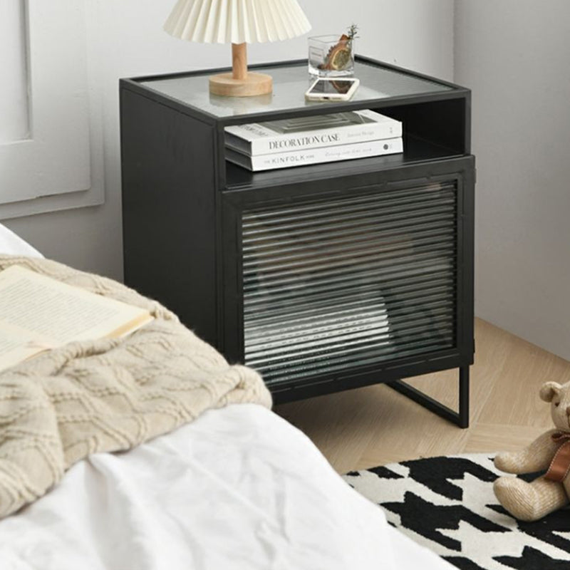Modern Square Iron Glass 3-Cabinet Nightstand