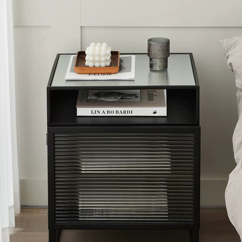 Modern Square Iron Glass 3-Cabinet Nightstand