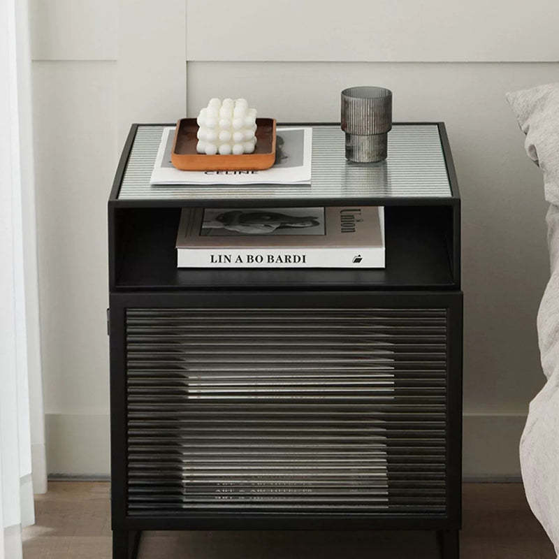Modern Square Iron Glass 3-Cabinet Nightstand