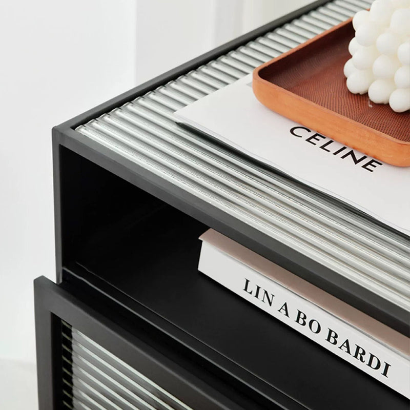 Modern Square Iron Glass 3-Cabinet Nightstand