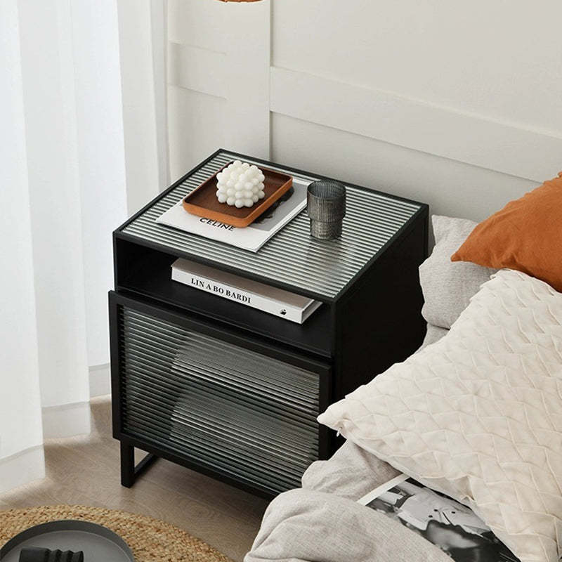 Modern Square Iron Glass 3-Cabinet Nightstand — Left Door / White
