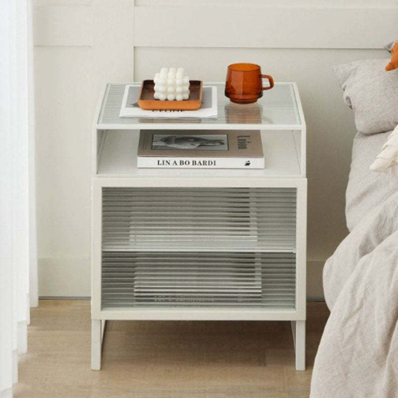 Modern Square Iron Glass 3-Cabinet Nightstand — Right Door / White