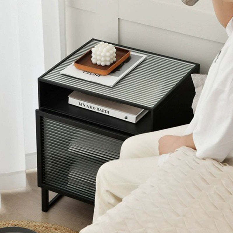 Modern Square Iron Glass 3-Cabinet Nightstand
