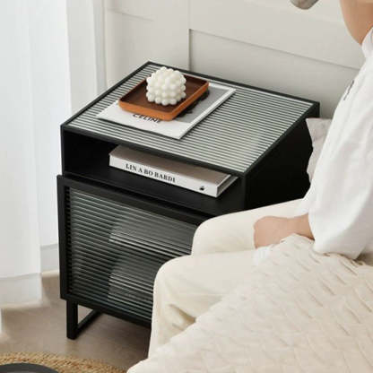 Modern Square Iron Glass 3-Cabinet Nightstand