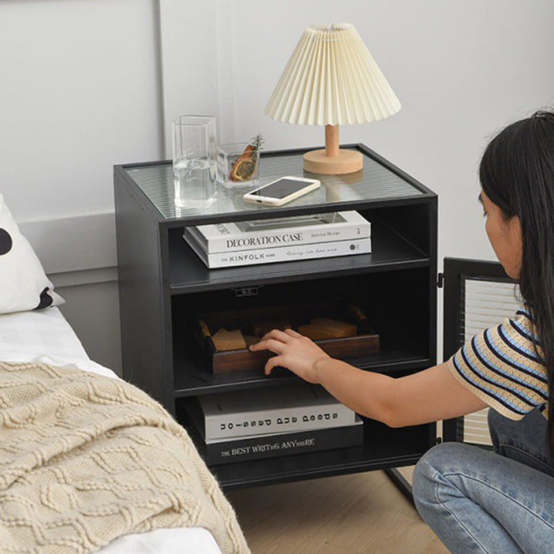 Modern Square Iron Glass 3-Cabinet Nightstand