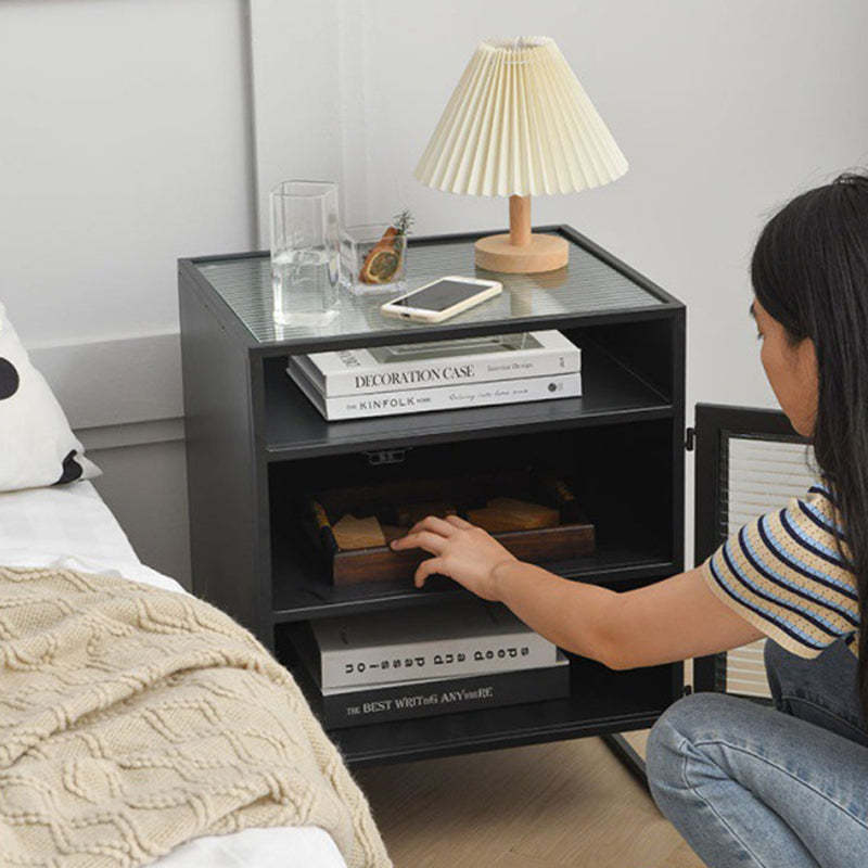 Modern Square Iron Glass 3-Cabinet Nightstand