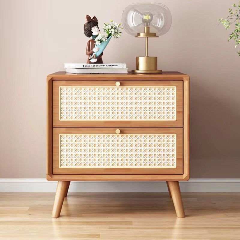 Contemporary Boho Rattan Wood 2-Drawer Side Table