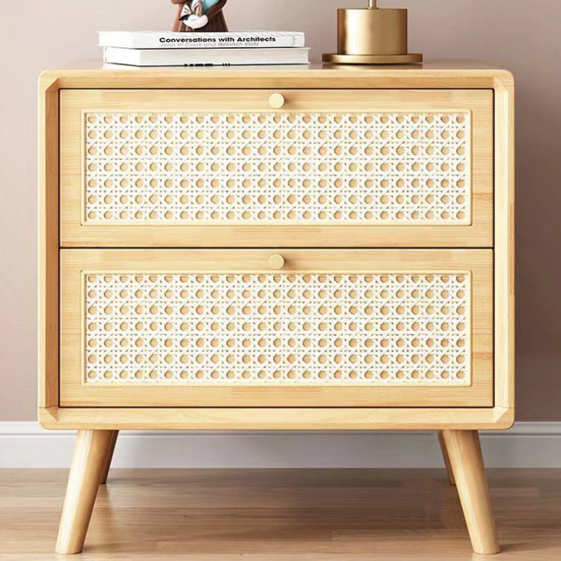 Contemporary Boho Rattan Wood 2-Drawer Side Table — Wood Color