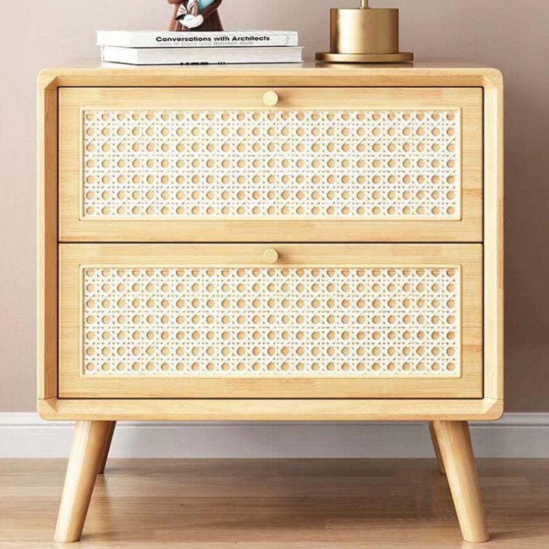Contemporary Boho Rattan Wood 2-Drawer Side Table — Wood Color