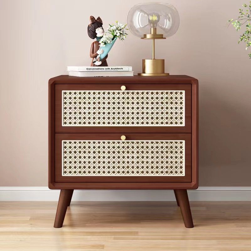 Contemporary Boho Rattan Wood 2-Drawer Side Table — Walnut Color
