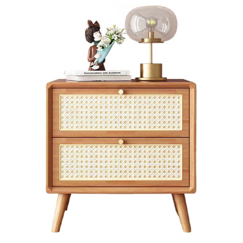 Contemporary Boho Rattan Wood 2-Drawer Side Table