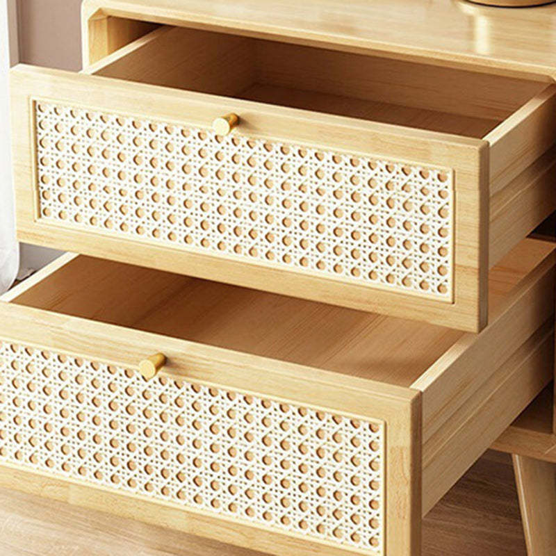 Contemporary Boho Rattan Wood 2-Drawer Side Table — Walnut Color
