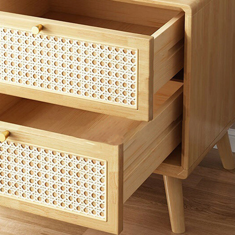 Contemporary Boho Rattan Wood 2-Drawer Side Table — Wood Color