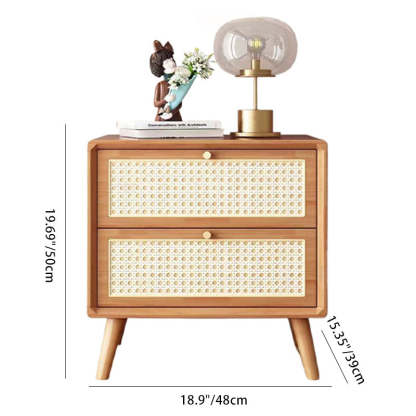 Contemporary Boho Rattan Wood 2-Drawer Side Table — Wood Color