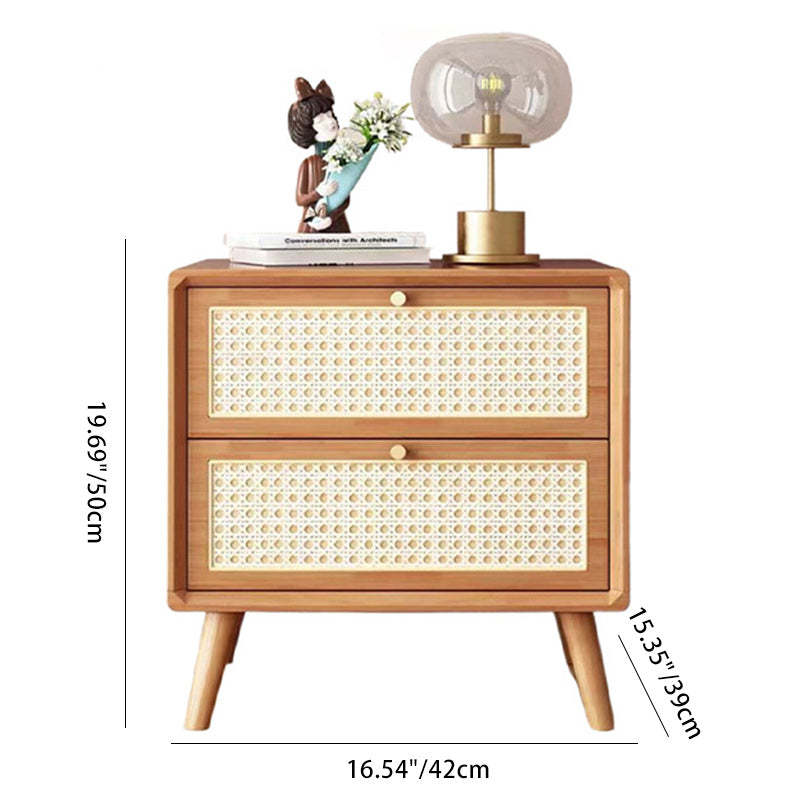 Contemporary Boho Rattan Wood 2-Drawer Side Table — Walnut Color