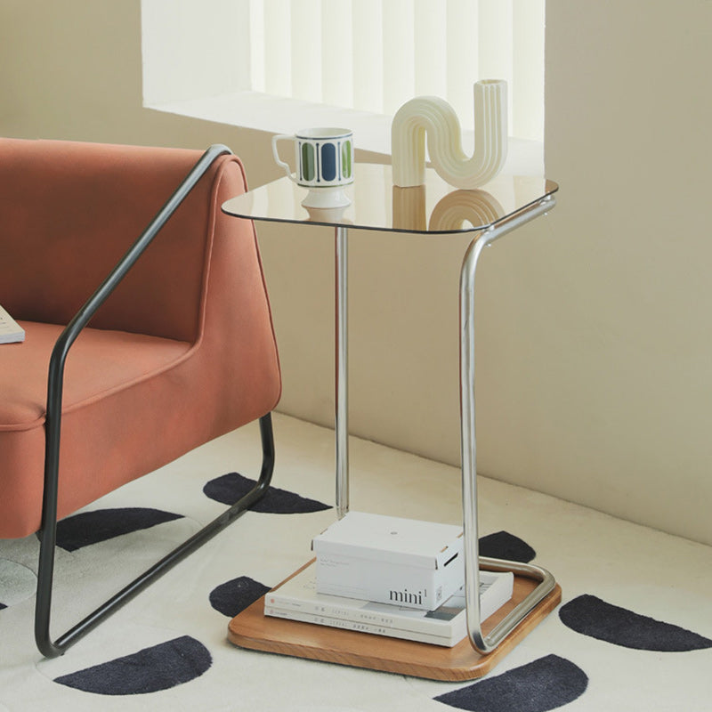 Modern Square Glass Steel 2-Tier Side Table