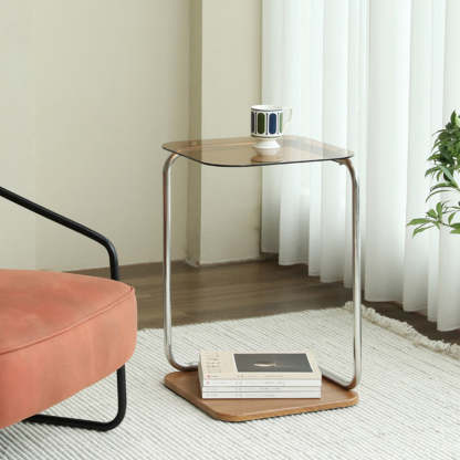 Modern Square Glass Steel 2-Tier Side Table