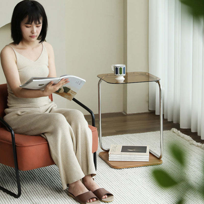 Modern Square Glass Steel 2-Tier Side Table