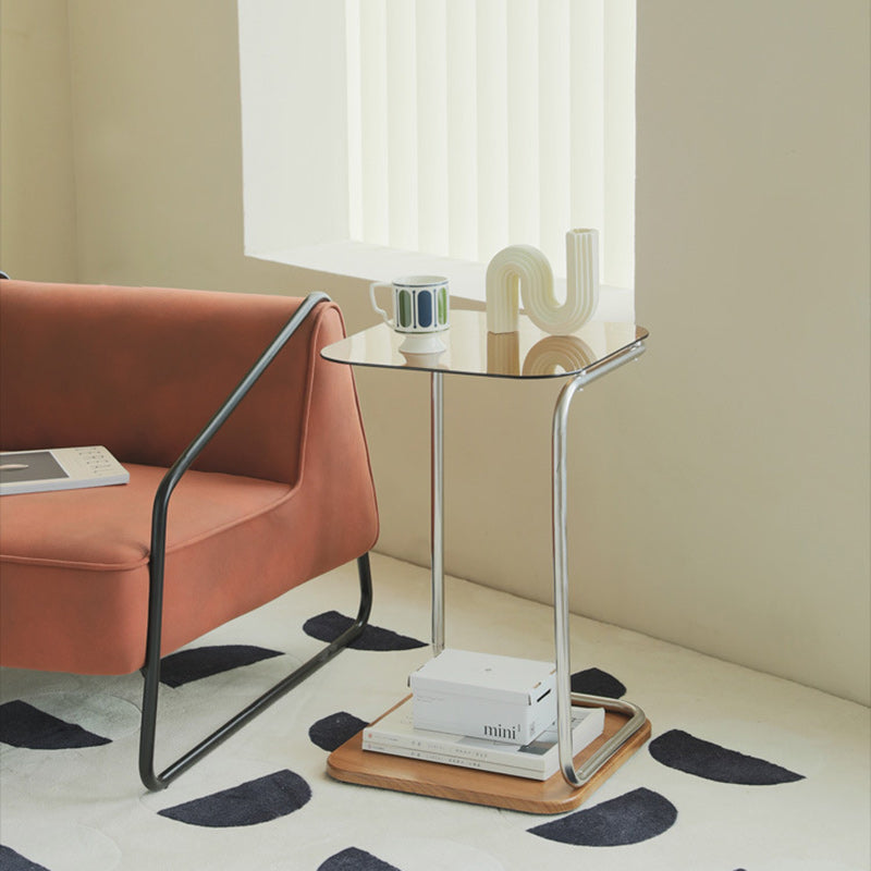 Modern Square Glass Steel 2-Tier Side Table