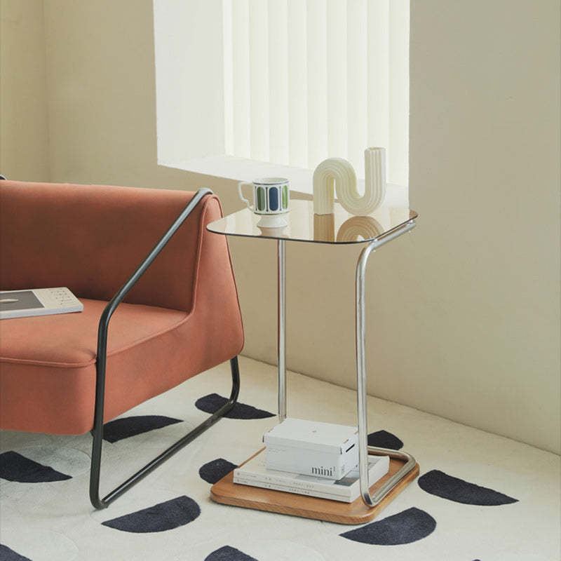 Modern Square Glass Steel 2-Tier Side Table