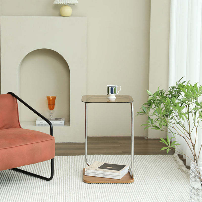 Modern Square Glass Steel 2-Tier Side Table