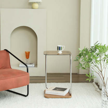 Modern Square Glass Steel 2-Tier Side Table