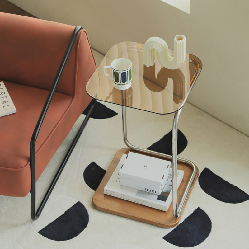 Modern Square Glass Steel 2-Tier Side Table — Brown